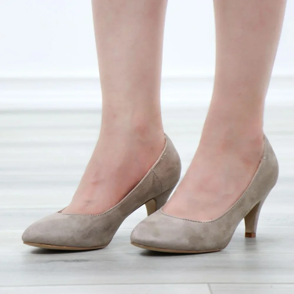 Taupe Suede Round Toe Kitten Low Heel Pumps - Picture 13 of 13